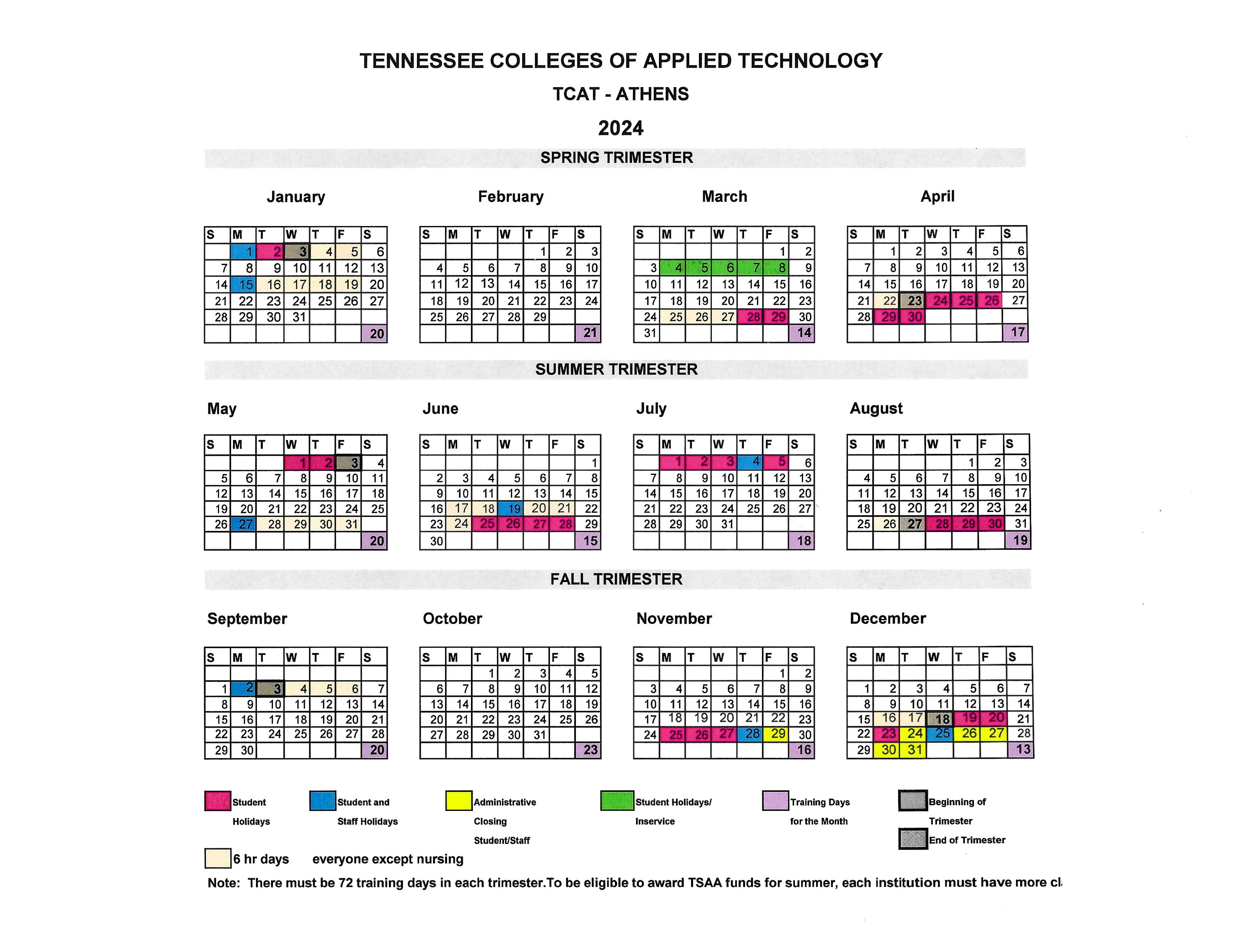 A calendar showing the schedule for the Tennessee College of Applied Technology in Athens, TN for the year 2024.