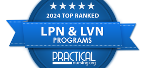 A badge stating that the recipient is a 2024 Top Ranked (5 stars) LPN & LVN Program from PracticalNursing.org
